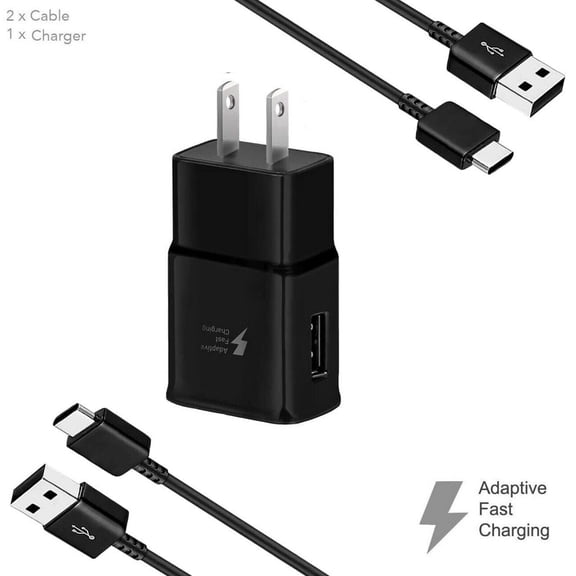 Adaptive Charger for Samsung Galaxy A10e with 2x 4FT USB C Cables - Black,Adaptive Black, with 2x 4ft USB-C Cables, for Galaxy A10e