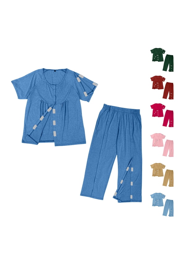Adaptive Clothing Set for Bedridden Patients with Easy Snap Closures Unisex Short Sleeve Top and Pants for Elderly and Post Surgery Use
