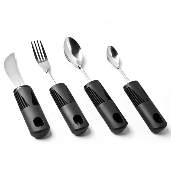 Adaptive Eating Utensils for Parkinson's, Arthritis & Weak Grip, 4-Piece Set with Curved Handle for Better Control, Non-Slip Soft Plastic Handles, Ideal for Elderly and Disabled