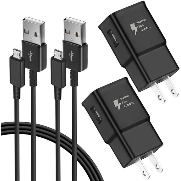 Adaptive Fast Charger Kit Compatible with Samsung Galaxy S7/S7 Edge S6 /S6 Edge/ Note5/4 S4/S3 S2 J7 J7V J5 J3 J3V J2/G3 G4 K20/ Moto E4 E5, USB Wall Charger and 5FT Micro USB Cable (2 Pack, Black)