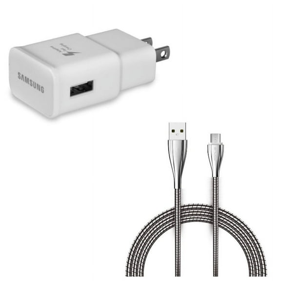 Adaptive Fast Home Charger w 6ft Metal USB Cable M4Q for Samsung Galaxy Mega SPH-L600 J7 Sky Pro SGH-M819, V (2017) J3 V, Prevail LTE Grand Prime, Perx, S7 Edge S6 Edge+ Edge Active S5 Active