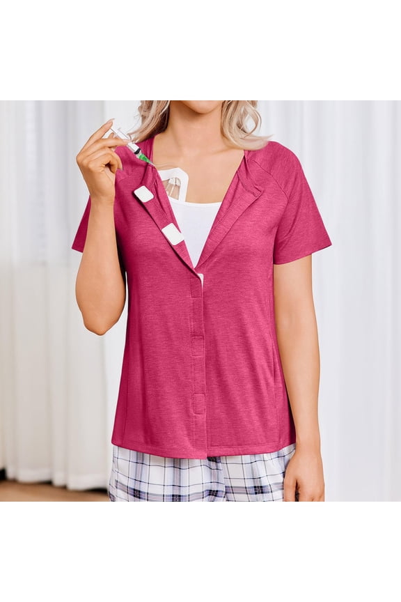 Adaptive Mastectomy Shirts for Women Tear Away Snap Closure with Drain Pockets Short Sleeve Chemo Port Tops 2026 Hot Pink M