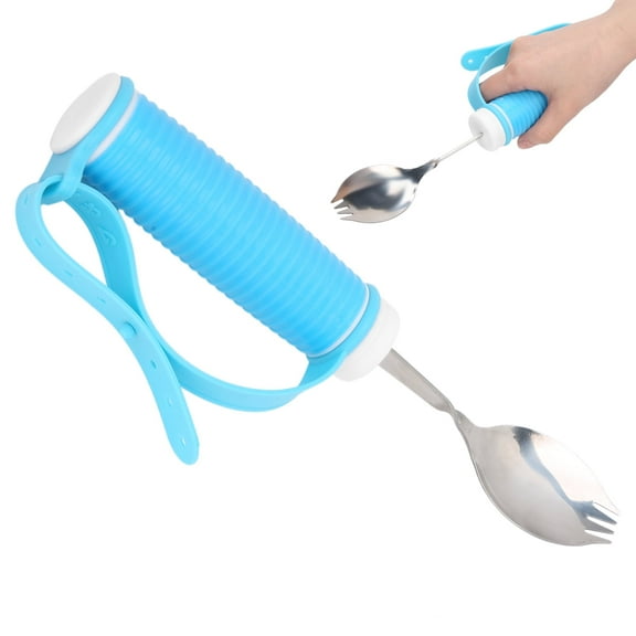 Adaptive Utensil, Elderly Aid Tableware 2 in 1 Fork Spoon, Wide Stainless Spoon, Weighted Utensils with Adjustable Strap for Adults, Arthritis, Tremors, Parkinsons, Blue Non-Slip Handle