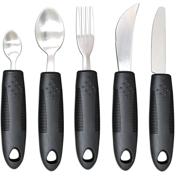 Adaptive Utensil Set: Adaptive Utensils for Hand Tremors, Non-Slip Handles Stainless Steel Silverware Set for Elderly Weak Hand Grip & Handicapped, Lightweight Fork Spoon and Knife (Black)