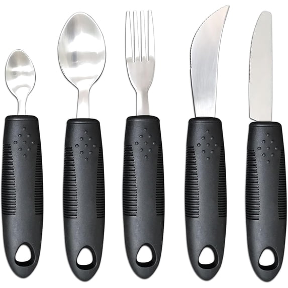 Adaptive Utensil Set: Adaptive Utensils for Hand Tremors, Non-Slip Handles Stainless Steel Silverware Set for Elderly Weak Hand Grip & Handicapped, Lightweight Fork Spoon and Knife (Black)