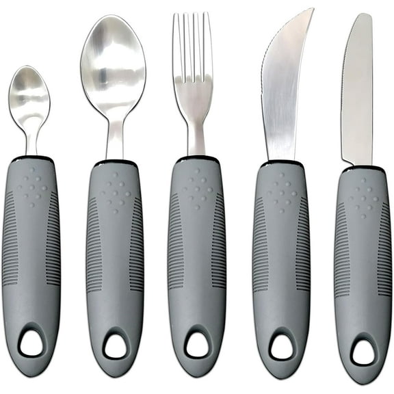 Adaptive Utensil Set: Adaptive Utensils for Hand Tremors, Non-Slip Handles Stainless Steel Silverware Set for Elderly Weak Hand Grip & Handicapped, Lightweight Fork Spoon and Knife (Gray)