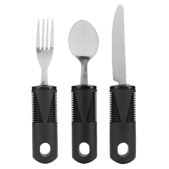 Adaptive Utensil Set - Arthritis Aid Silverware for Parkinsons, Hand Tremors - Easy Grip for Shaking and Trembling Hands - Heavy Stainless Steel Spoon, Fork, Serrated Knife - Non Weighted Holder