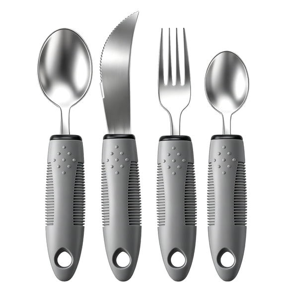 Adaptive Utensils 4 Flatware Set for Seniors, Built Up Easy Grip Silverware for Hand Tremors, Arthritis, Parkinsons, Weak Grip, Stainless Steel Fork Knife Tablespoon Teaspoon