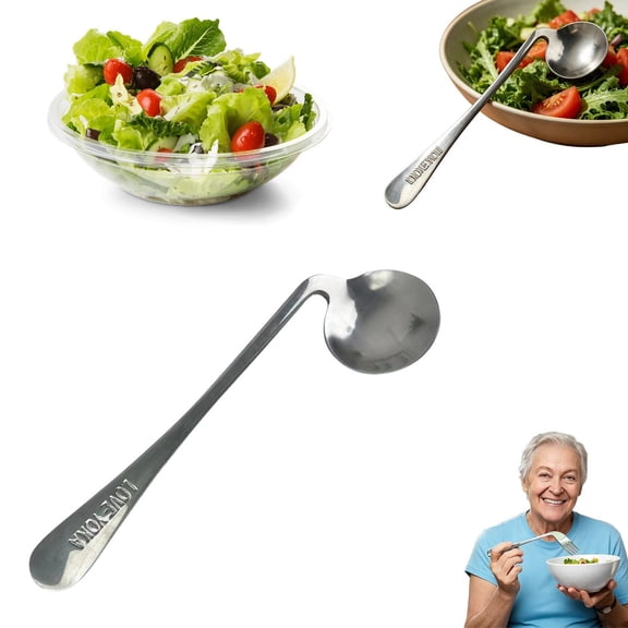 Adaptive Utensils for Left & Right Hand - Curved Stainless Steel Spoon and fork for Elderly, Adults with Tremors, Comfortable 42° Angled Handle Design for Easy Feeding At Home (1PC, Spoon, Left)
