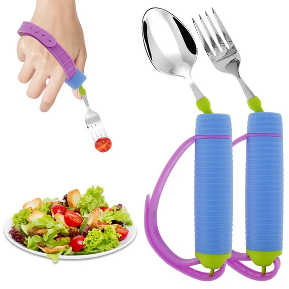 Adaptive Utensils with Nonslip Handle and Adjustable Silicone Strap 360 Rotatable Adaptive Eating Utensils Easy Grip Adaptive Spoon and Fork for Disability