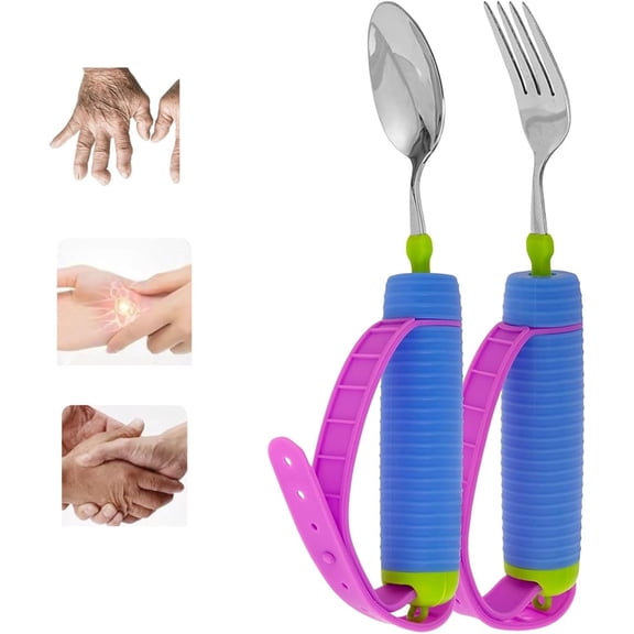 Adaptive Utensils Set For Elderly And Disabled - 360 Rotating Fork And Spoon With Adjustable Silicone Strap And Non-slip Handle - Weighted Dining Aids For Independent Eating