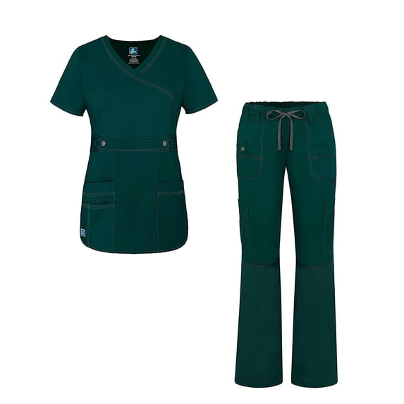Adar Active Classic Scrub Set For Women - Crossover Top and Multi Pocket Pants