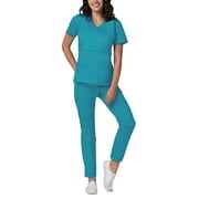 Adar Active Classic Scrub Set For Women - Crossover Top and Multi Pocket Pants