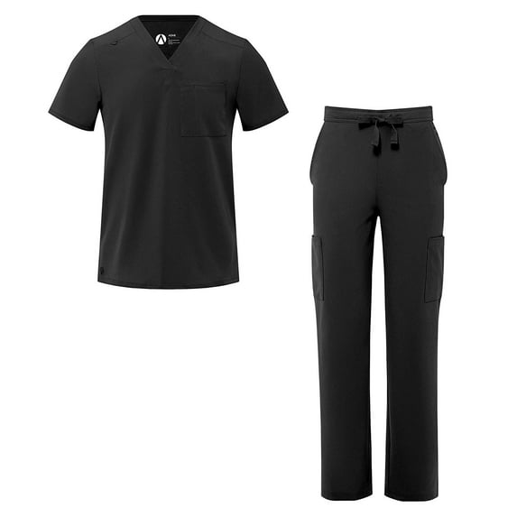 Adar Addition Go-Basic Scrub Set For Men - Classic V-Neck Scrub Top & Cargo Scrub Pants - A9300 - Black - S