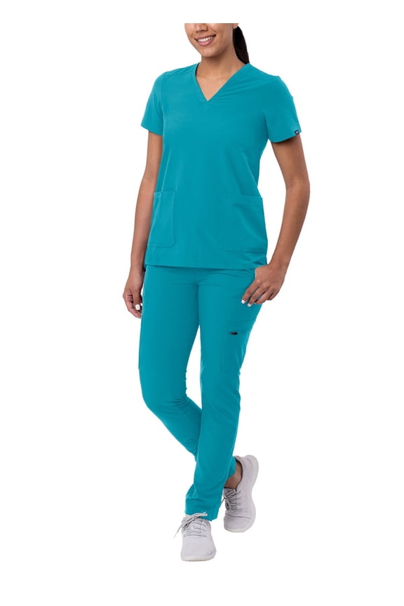 Addition Go-Basic Scrub Set For Women - Slim V-Neck Scrub Top & Skinny Cargo Scrub Pants - A9200 - Teal Blue - XXS