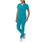 Adar Addition Go-Basic Scrub Set For Women - Slim V-Neck Scrub Top & Skinny Cargo Scrub Pants - A9200 - Teal Blue - XS