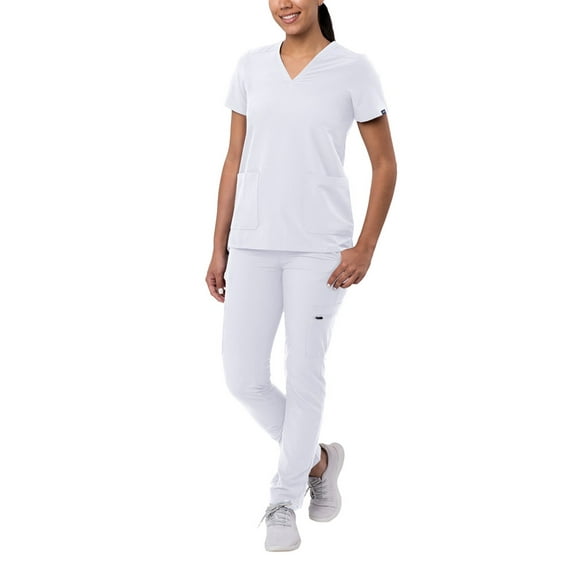 Adar Addition Go-Basic Scrub Set For Women - Slim V-Neck Scrub Top & Skinny Cargo Scrub Pants - A9200 - White - 2X