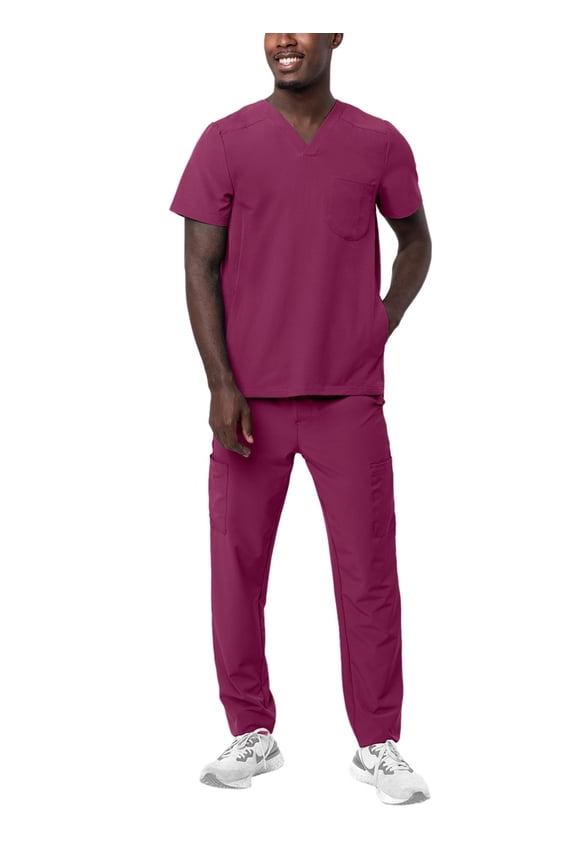 Addition Go-Basic Scrub Set For Men - Classic V-Neck Scrub Top & Cargo Scrub Pants - A9300 - Wine - M