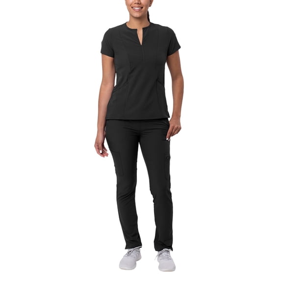Adar Addition Go-Higher Scrub Set For Women - Notched V-Neck Scrub Top & Skinny Cargo Scrub Pants - A9600 - Black - XXS