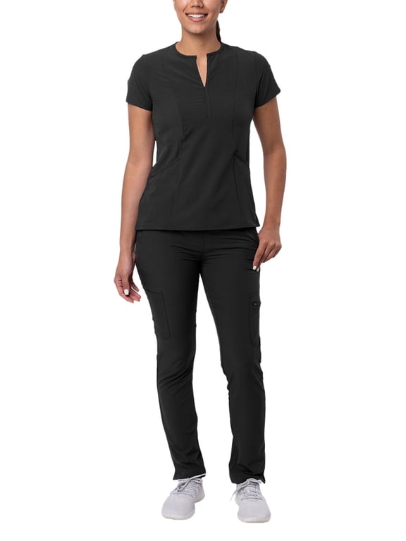 Addition Go-Higher Scrub Set For Women - Notched V-Neck Scrub Top & Skinny Cargo Scrub Pants - A9600 - Black - XXS