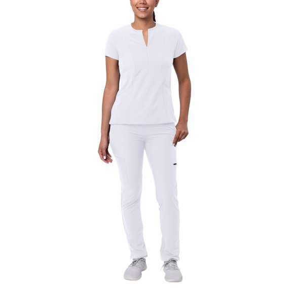 Adar Addition Go-Higher Scrub Set For Women - Notched V-Neck Scrub Top & Skinny Cargo Scrub Pants - A9600 - White - M