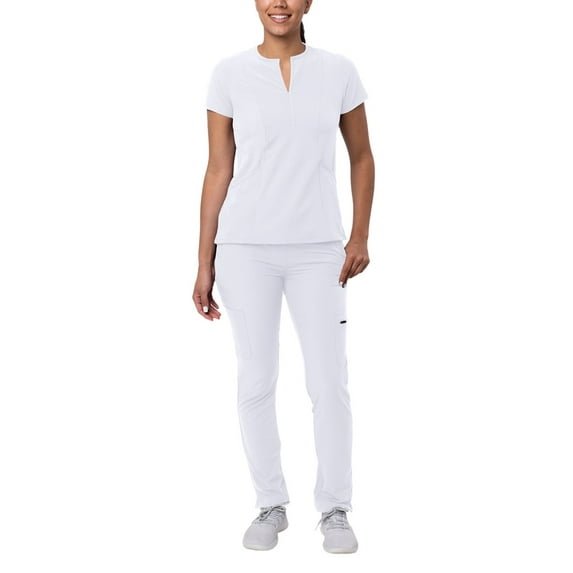 Adar Addition Go-Higher Scrub Set For Women - Notched V-Neck Scrub Top & Skinny Cargo Scrub Pants - A9600 - White - XXS