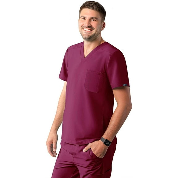 Adar Addition Scrubs for Men - Modern Multi Pocket V-Neck Scrub Top - A6010 - Wine - XXS