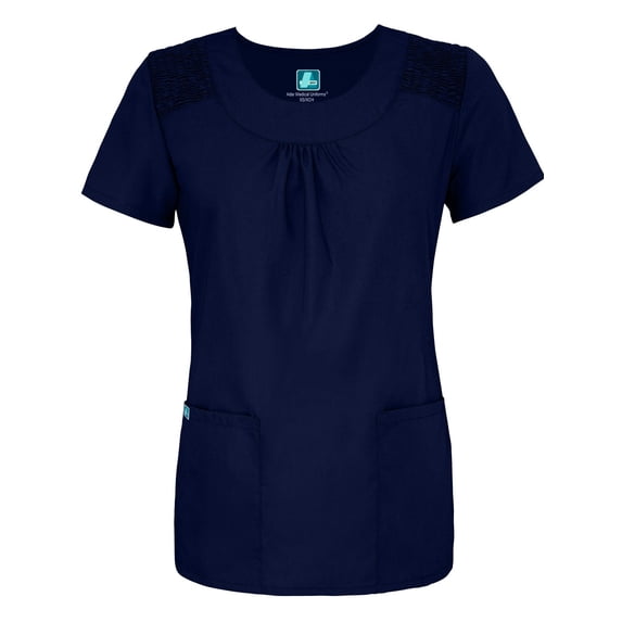 Adar Medical Women's Scoop Neck Smocked Solid Top - 627 - Navy - S