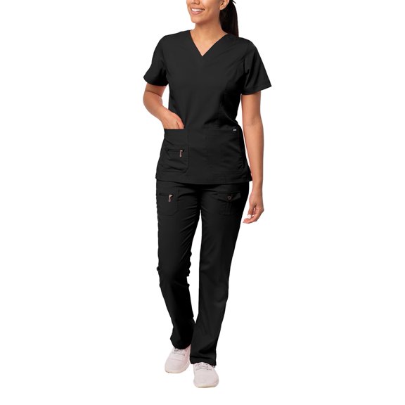 Adar Pro Breakthrough Plus Scrub Set For Women - Enhanced V-Neck Top & Multi Pocket Pants - 4400 - Black - XL
