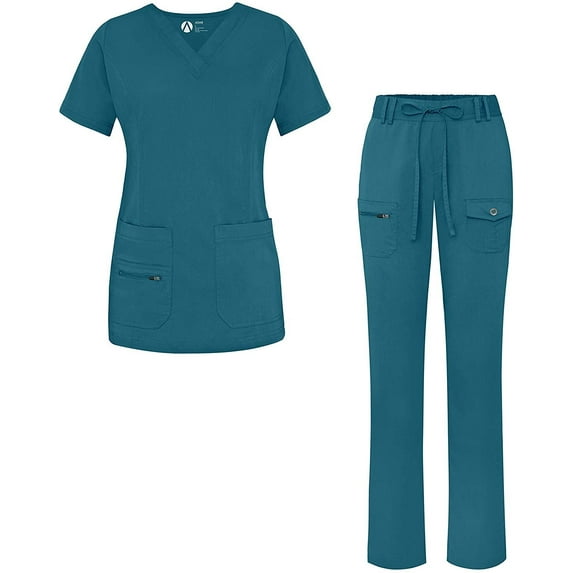 Adar Pro Breakthrough Plus Scrub Set For Women - Enhanced V-Neck Top & Multi Pocket Pants - 4400 - Caribbean Blue - XL