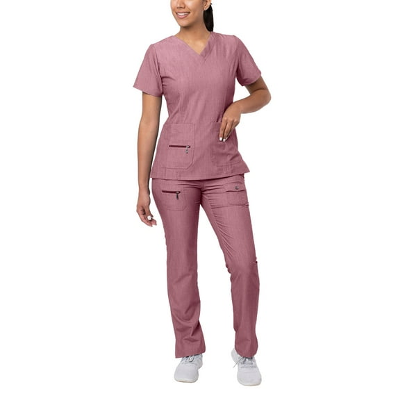 Adar Pro Heather Breakthrough Plus Scrub Set For Women - Enhanced V-Neck Top & Multi Pocket Pants - 4400H - Heather Wine - XXS