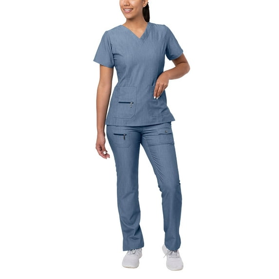 Adar Pro Heather Breakthrough Plus Scrub Set For Women - Enhanced V-Neck Top & Multi Pocket Pants - 4400H - Heather Navy - M