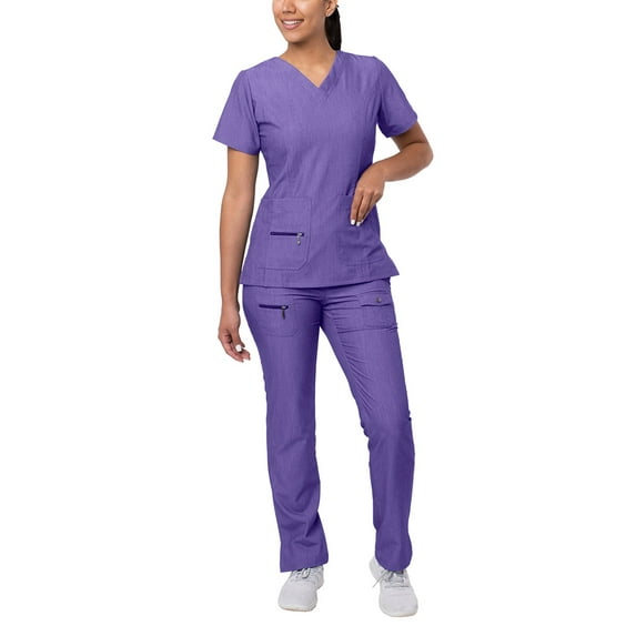 Adar Pro Heather Breakthrough Plus Scrub Set For Women - Enhanced V-Neck Top & Multi Pocket Pants - 4400H - Heather Grape - XXS
