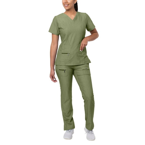 Adar Pro Heather Breakthrough Plus Scrub Set For Women - Enhanced V-Neck Top & Multi Pocket Pants - 4400H - Heather Olive - 3X
