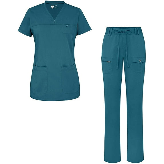 Adar Pro Everyday Expert Scrub Set For Women - Curved V-Neck Scrub Top & Tapered Drawstring Scrub Pants