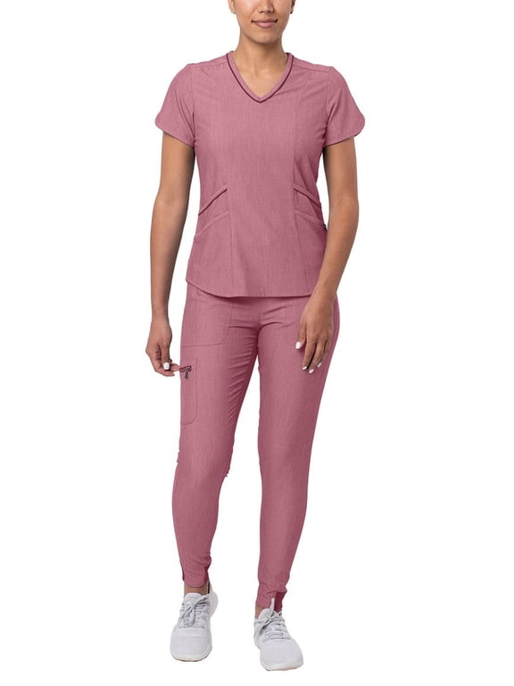 Pro Modern Athletic Scrub Set For Women - Modern V-Neck Scrub Top & Yoga Jogger Scrub Pants
