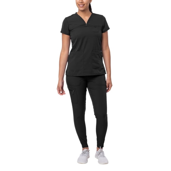Adar Pro Movement Booster Scrub Set For Women - Sweetheart V-Neck Scrub Top & Yoga Jogger Scrub Pants - P9400 - Black - XL