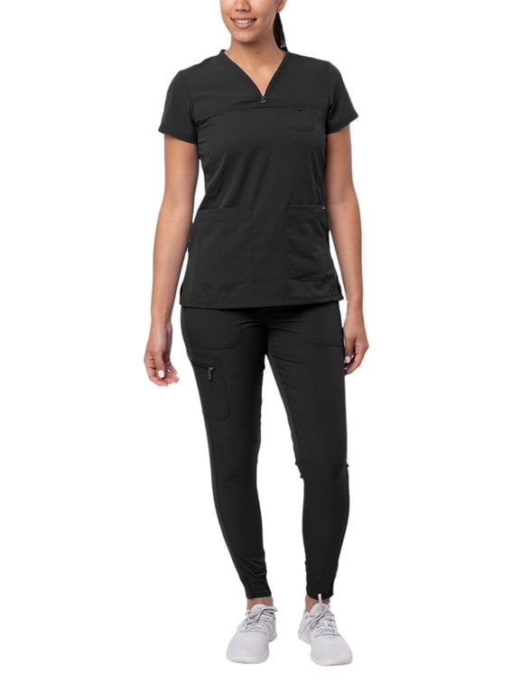 Pro Movement Booster Scrub Set For Women - Sweetheart V-Neck Scrub Top & Yoga Jogger Scrub Pants - P9400 - Black - XL