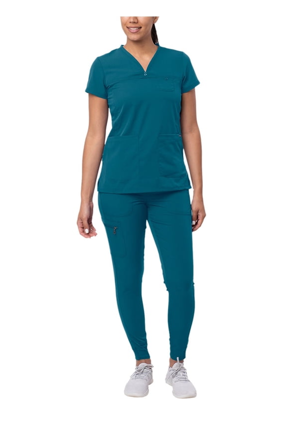 Pro Movement Booster Scrub Set For Women - Sweetheart V-Neck Scrub Top & Yoga Jogger Scrub Pants - P9400 - Caribbean Blue - XL