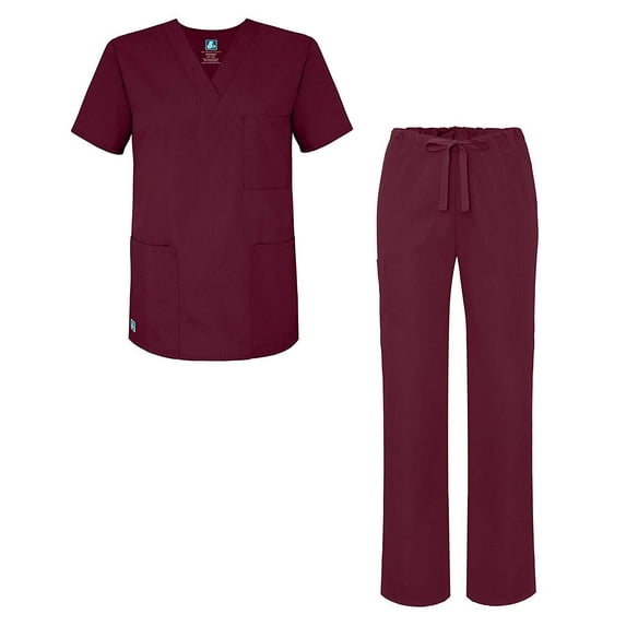 Adar Universal Unisex Scrub Set - Unisex V-Neck Scrub Top & Tapered Drawstring Scrub Pants - 907 - Burgundy - 2X
