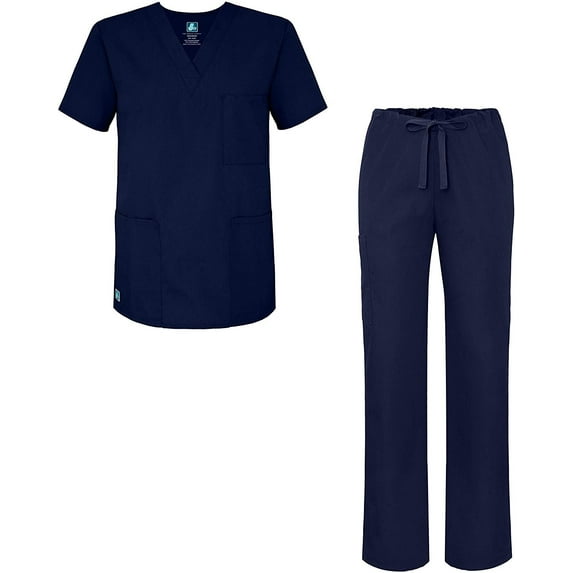Adar Universal Unisex Scrub Set - Unisex V-Neck Scrub Top & Tapered Drawstring Scrub Pants - 907 - Navy - S
