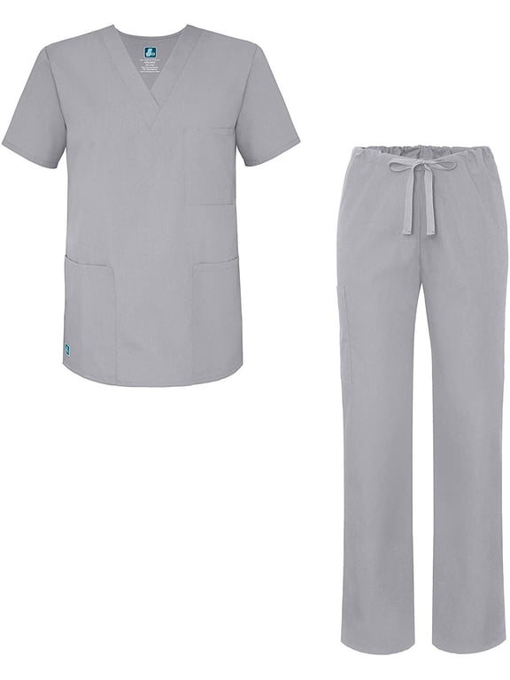 Universal Unisex Scrub Set - Unisex V-Neck Scrub Top & Tapered Drawstring Scrub Pants - 907 - Silver Gray - 2X