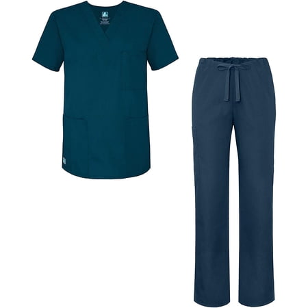Adar Universal Unisex Scrub Set - Unisex V-Neck Scrub Top & Tapered Drawstring Scrub Pants - 907 - Caribbean Blue - 2X