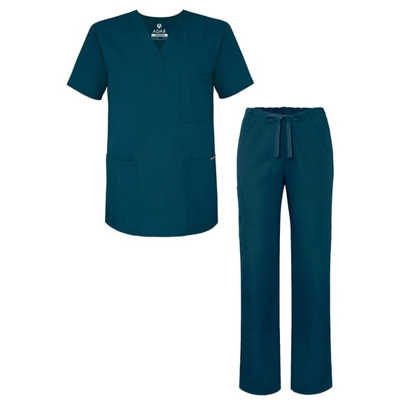 Adar Universal Unisex Scrub Set - Unisex V-Neck Scrub Top & Tapered Drawstring Scrub Pants - 907 - Caribbean Blue - XXS