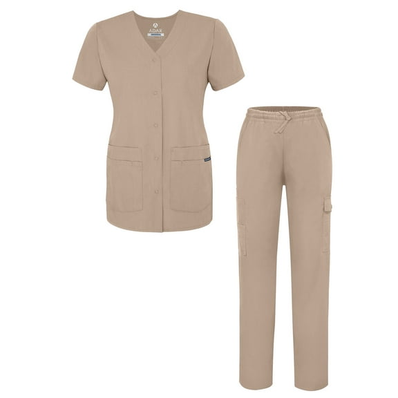 Adar Universal Women's Scrub Set – Snap Front Scrub Top and Multi Pocket Scrub Pants - 906 - Khaki - XL