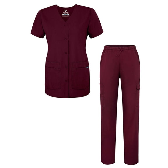 Adar Universal Women's Scrub Set – Snap Front Scrub Top and Multi Pocket Scrub Pants - 906 - Burgundy - 5X