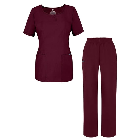 Adar Universal Women's Scrub Set - V-neck Scrub Top and Elastic Pull-On Scrub Pants - 901 - Burgundy - XL