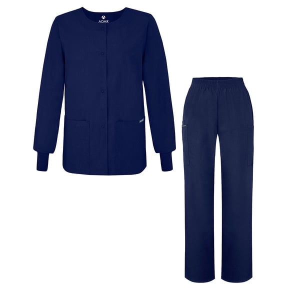 Adar Universal Women's Scrub Set - Warm-Up Scrub Jacket and Elastic Pull-On Pants - 902 - Navy - M