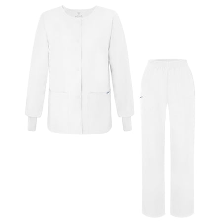 Adar Universal Women's Scrub Set - Warm-Up Scrub Jacket and Elastic Pull-On Pants - 902 - White - XXS