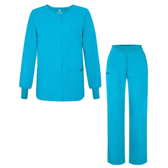 Adar Universal Women's Scrub Set - Warm-Up Scrub Jacket and Elastic Pull-On Pants - 902 - Turquoise - XS